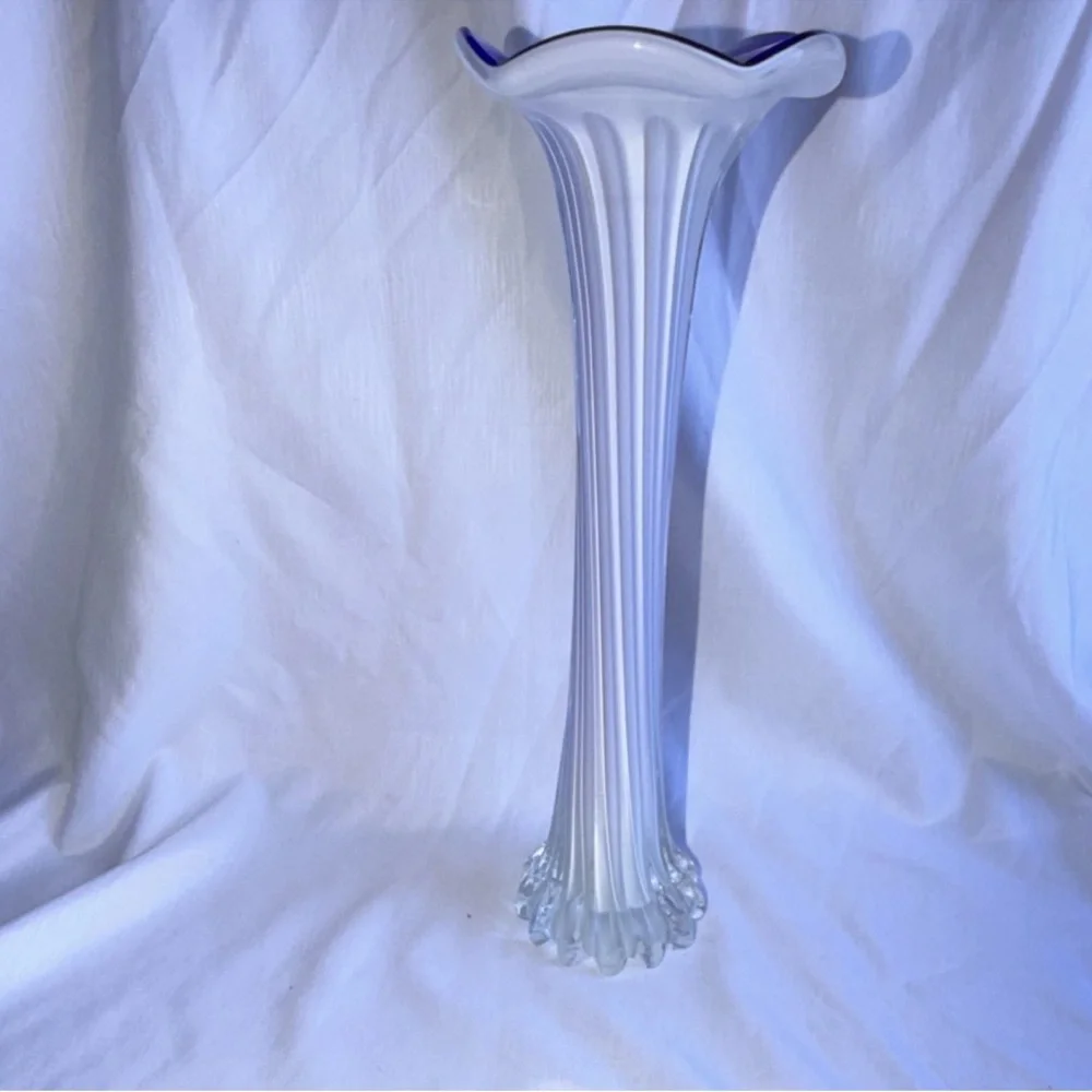 Vintage Cobalt Blue & White Cased Glass Ribbed Vase - 11" Tall - Picture 7 of 8